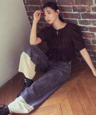 earth music&ecology 裾レースデニムパンツ Black