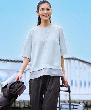 23区 【吸水速乾/UVカット/接触冷感】ストレッチジョーゼット シアーコンビ カットソー スカイブルー系