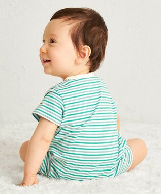 MIKI HOUSE HOT BISCUITS 【70-80cm】 みじんボーダー ワンポイント刺繍 ショートオール グリーン