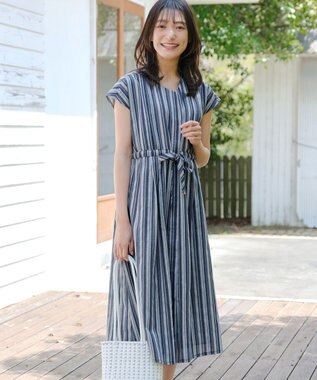 Tiaclasse 【洗える】麻調前開きフレンチワンピース ネイビーストライプ