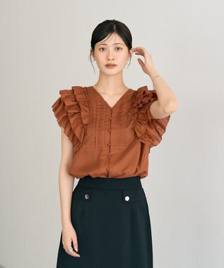 YECCA VECCA ラッフルVネックブラウス Black