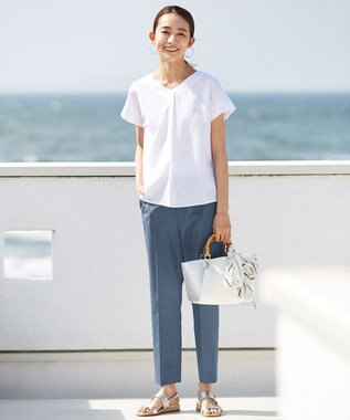 J.PRESS LADIES S 【シワになりにくい】コットンフィッティーシャーク テーパードパンツ ダルブルー系