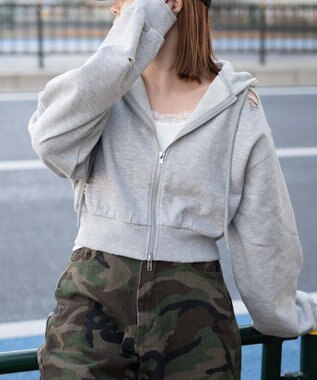 WEGO ダメージショートジップパーカー 杢グレー