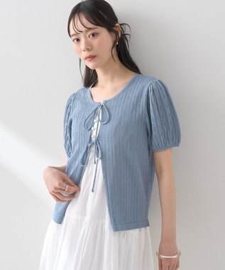 earth music&ecology 透かし編みフロントリボンカーディガン Grayish Blue