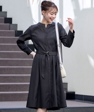 Tiaclasse 【洗える】ベルト付きスキッパーシャツワンピース チャコールグレー