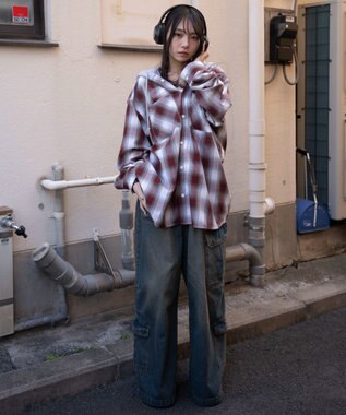 WEGO 【ユニセックス着用ITEM/MLサイズ展開】オンブレチェックフードシャツ（LS） レッドチェック1