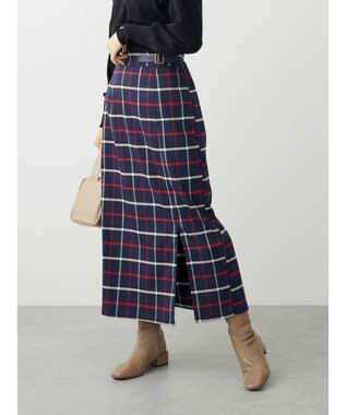 Green Parks ベルトデザインチェックＩラインスカート Navy