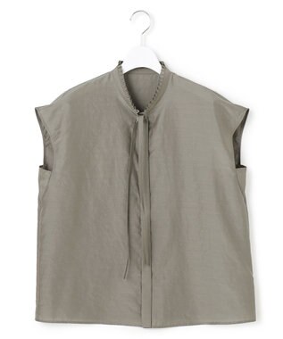 ICB セシェシルキーローン フレンチスリーブボウタイブラウス スティールカーキ