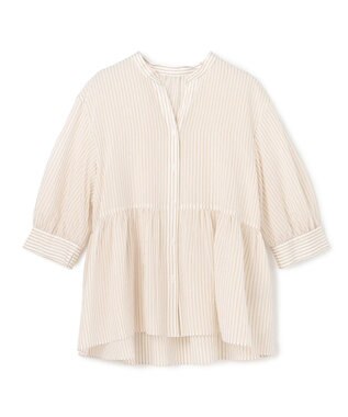UNFILO ペプラム ギャザーブラウス ベージュストライプ