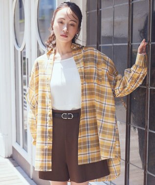 earth music&ecology 【2WAY】２ｗａｙショルダードロストリボンチェックシャツ Yellow