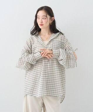 earth music&ecology 【2WAY】２ｗａｙショルダードロストリボンチェックシャツ Cream