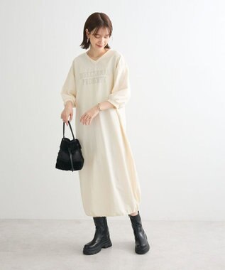 Green Parks ７分袖裏毛ドッキングロゴワンピース Ecru