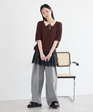 earth music&ecology バイカラーポロニット Brown