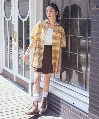 earth music&ecology 【2WAY】２ｗａｙショルダードロストリボンチェックシャツ Yellow