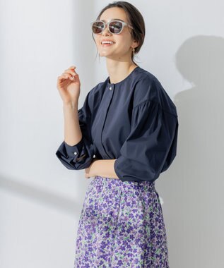 組曲 【洗える】C/Nyブロードノーカラー シャツ ネイビー系