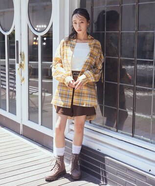 earth music&ecology 【2WAY】２ｗａｙショルダードロストリボンチェックシャツ Yellow