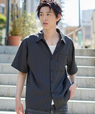 WEGO クロップドSSピンストライプシャツ ブラックストライプ