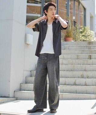 WEGO クロップドSSピンストライプシャツ ブラックストライプ