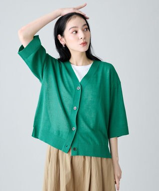 ANY リネンブレンドハーフスリーブカーディガン