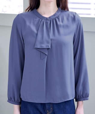 Tiaclasse 【洗える・スマート裏起毛】ジョーゼットフリルブラウス ブルー