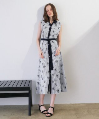 YECCA VECCA ストライプ柄フラワー刺繍ワンピース Navy