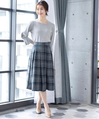 Tiaclasse L 【洗える】大人上品なウール調タックフレアスカート ブルーチェック