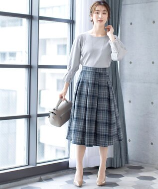 Tiaclasse L 【洗える】大人上品なウール調タックフレアスカート ブルーチェック