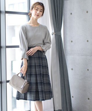 Tiaclasse L 【洗える】大人上品なウール調タックフレアスカート ブルーチェック