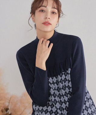 Tiaclasse アーガイルジャガードフリルチュニック ネイビー