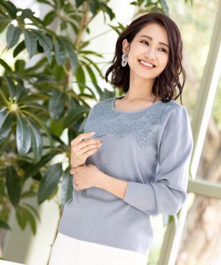 Tiaclasse L 【洗える】大人上品なスカラップレースコンビニット ブルー