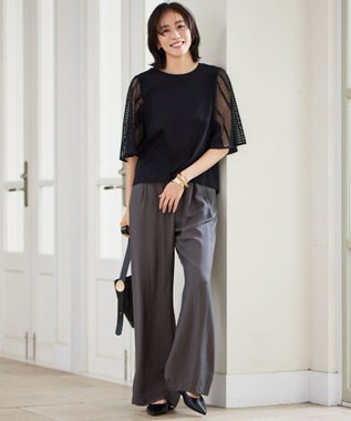 自由区 【洗える】レースエッジフレアスリーブ トップス ブラック