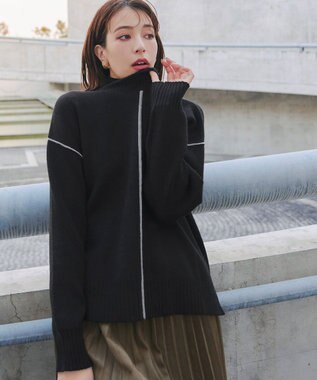 Tiaclasse L 【洗える】配色切り替えニットトップス ブラック