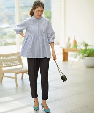 組曲 L 【WEB限定】コンパクトシャーティング ペプラムブラウス ブルーストライプ系1