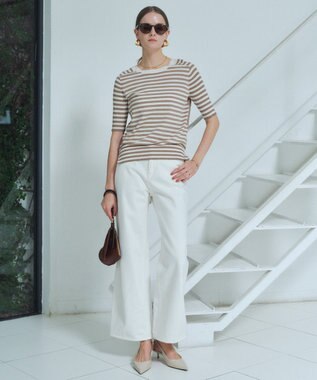 BEIGE， JULIE / コットンシルク 2WAY半袖ニット Ecru×Taupe