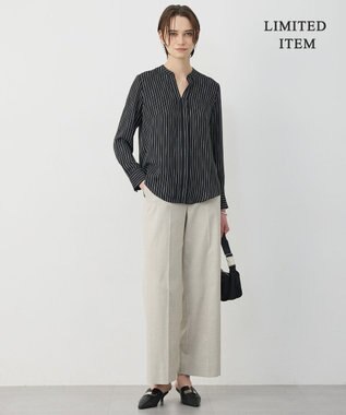 ICB 【新色追加・WEB限定】BackSatinAmunzen キーネックブラウス ブラックベース×ストライプチェーン柄