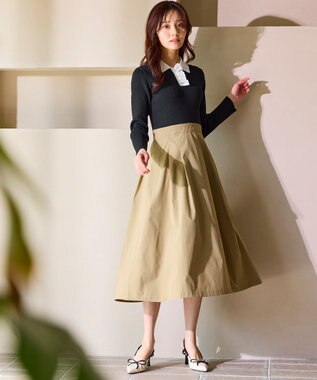 Feroux 襟付きドッキング ワンピース ブラック×ベージュ系