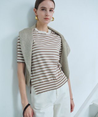 BEIGE， JULIE / コットンシルク 2WAY半袖ニット Ecru×Taupe