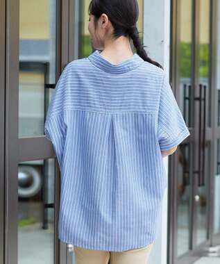 Tiaclasse リネンミックススキッパーシャツ マルチブルーストライプ