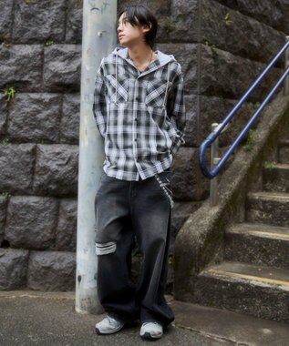 WEGO 【ユニセックス着用ITEM/MLサイズ展開】オンブレチェックフードシャツ（LS） ブラックチェック1