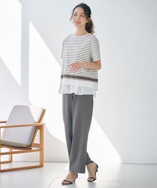 J.PRESS LADIES 【洗える】パネルボーダー Tシャツ オフ×ダークブラウン系