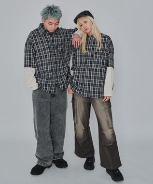 WEGO 【ユニセックス着用ITEM/MLサイズ展開】チェックレイヤードシャツ（LS） ブラックチェック1