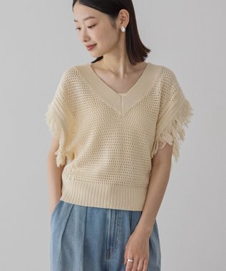 AMERICAN HOLIC 袖フリンジショート丈プルオーバー Ecru