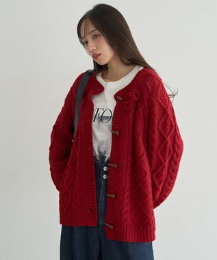 earth music&ecology 【一部予約】フラワーモチーフトグルボタンニットカーディガン Red