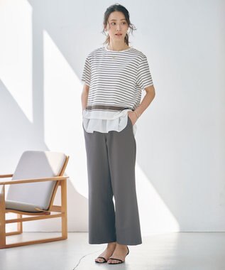 J.PRESS LADIES S 【洗える】パネルボーダー Tシャツ オフ×ダークブラウン系