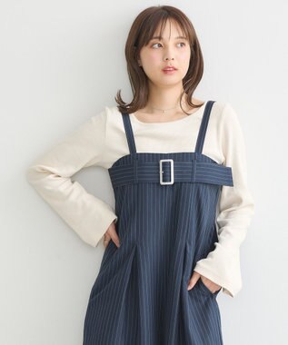 earth music&ecology ベルトベアサロペット Stripe Navy