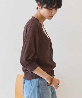 AMERICAN HOLIC 5分袖シアーVネックニットカーディガン Brown