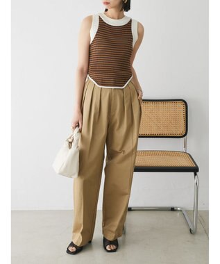 Green Parks デザインヘム配色ニットタンクトップ Brown