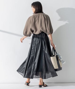 23区 L 【洗える】LIBECO ボウタイ ボリュームスリーブ ブラウス ダークブラウン系