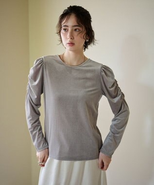 #Newans 【洗濯機可／ 前後着用可】 ギャザースリーブシアーベロアカーディガン ライトグレー