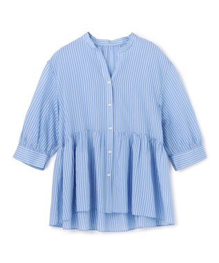 UNFILO ペプラム ギャザーブラウス ブルーストライプ